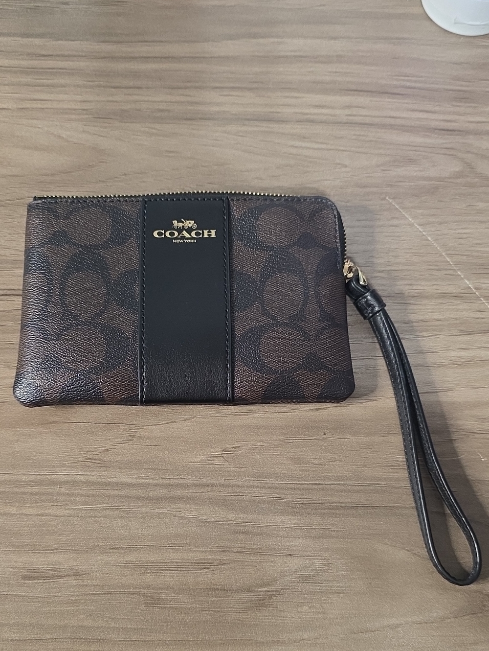 COACH Brown Signature Canvas Wristlet with Black Leather Trim